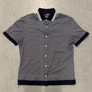 Murano Navy and White Patterned Button Down Short Sleeve Slim Fit Shirt